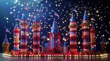 Obraz premium : A grand parade float designed as a patriotic castle, with towers draped in American flags and sparkling red, white, and blue lights.