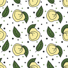 Vector pattern with dumplings, bay leaves and peppercorns. Ravioli. Vareniki. Pelmeni. Seamless background for fabric, wrapping paper, printing.