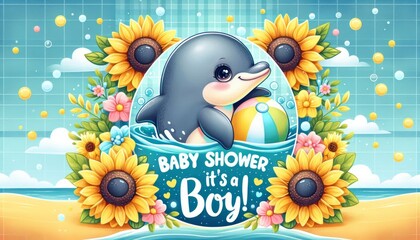 Naklejka premium Charming baby shower invite with dolphin, sunflowers, and playful theme announcing It's a Boy