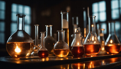 Flasks with orange chemical liquid
