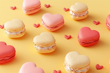 French dessert macaroon cookies in shape of hearts. Love wedding abstract food sweets background. Generative AI