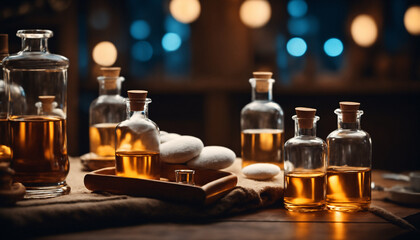 Jars with yellow liquid on the table