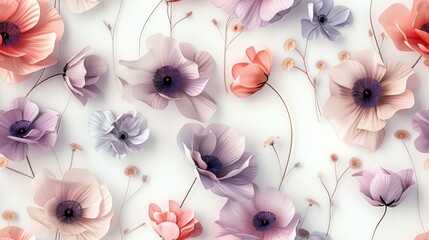 A seamless floral design with minimalistic elements featuring slender stems and delicate petals in pastel colors The flowers are arranged in a flowing pattern that exudes elegance and tranquility The