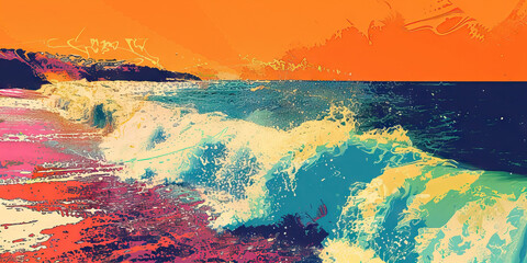 Sale Wave: Abstract wave patterns with sale tags cresting and crashing onto a sale beach