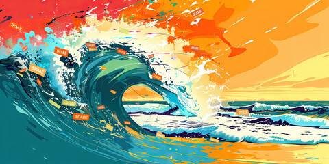 Sale Wave: Abstract wave patterns with sale tags cresting and crashing onto a sale beach