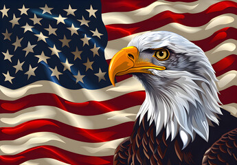 A wavy American flag with an eagle symbolizing strength and freedom. Suitable for patriotic and nationalistic usage.