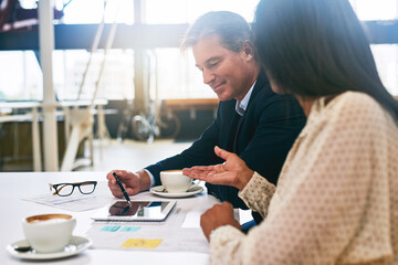 Business meeting, people and performance review with tablet and paperwork for advice and support. Corporate group, team building and employee appraisal with tech for kpi and feedback in office