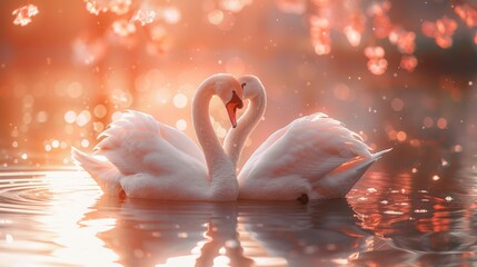 two swans in love on the lake in morning, symbolizing love and unity, zoo concept, romance, loving couple, beautiful birds, heart shape