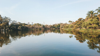 Ibirapuera Park skyline in the sunset hour. Perfect fall season weather. São Paulo, Brazil