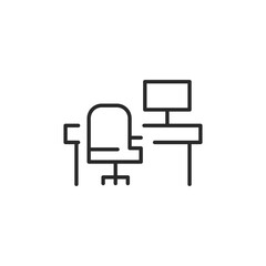 Computer desk icon. Features a streamlined modern computer desk with a monitor, ideal for web and app design related to office furniture, home offices, and workspaces. Vector illustration