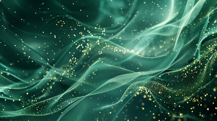 Soft flowing green textile backdrop with twinkling golden dots evoking luxury and elegance