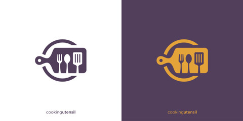 Kitchen Utensil Logo Design. Cutting Board, Spoon, Fork, Spatula Logo, Icon, Symbol, Vector, Design Template.