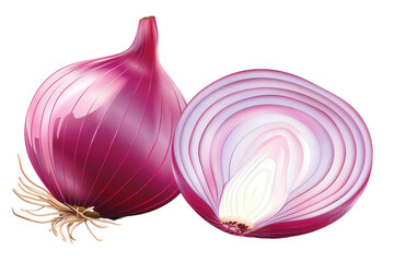A fresh clipart illustration of a whole red onion with a cut section showing the layers, isolated on transparent background