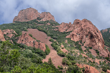 Massif de l'Esterel, a volcanic mountain range on the Mediterranean Sea coast on the French Riviera, located near Cannes on the east and Saint-Rafael on the west, France 