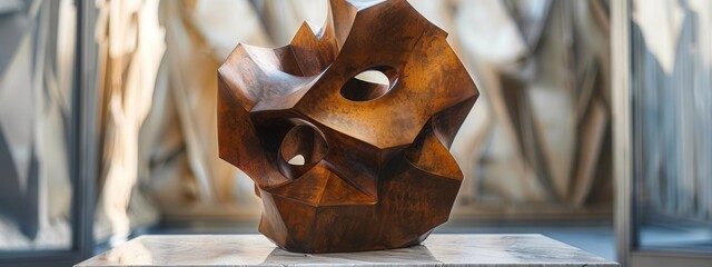 An abstract sculpture composed of geometric shapes, incorporating both texture and negative space to create visual interest.