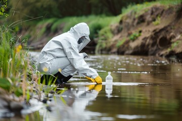 Scientist in protective gear collecting water sample from river. Science and research concept. Ecology, environmental disaster and pollution. Examination and analysis
