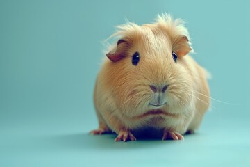 A studio photo of a cute guinea pig against a background of pastel shades, taken with soft lighting. The guinea pig stands off-centre. 