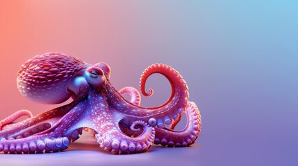Obraz premium Vivid Purple And Pink Octopus On Blue And Coral Gradient Background In Realistic 3D Digital Marine Illustration