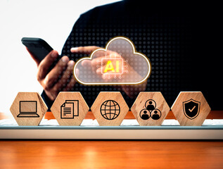 Ai cloud concept, data analysis and management automating process, rapidly solve business problems. Digital cloud storage on screen, services tools icon on hexagon blocks and man using mobile phone.