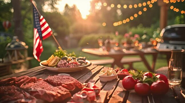 Barbecue party with grilled food in backyard with American flags. 4th of July, USA Independence Day