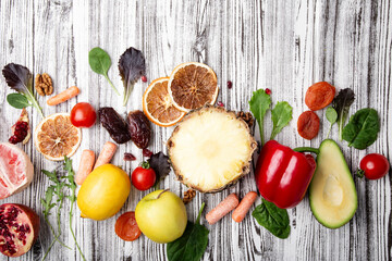 Essentials of healthy diet featuring Fruits, Vegetables, and Nuts