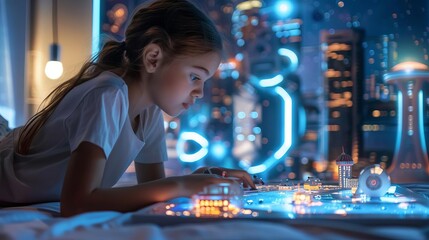 A young girl playing with a classic dollhouse in a futuristic bedroom