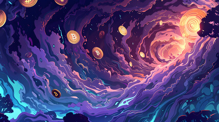 chaotic financial landscape with swirling bitcoin symbols 