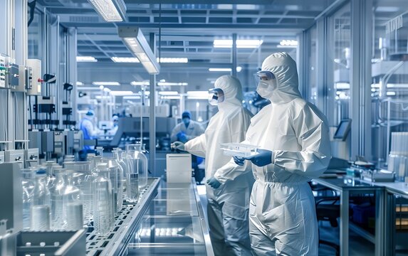 Scientists in protective clothing working in laboratory. Science and research concept. Researchers in lab with modern equipment