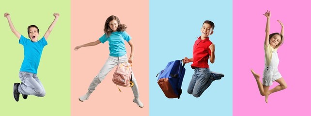 Collage of different cute children jumping on color background