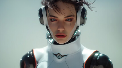 Close-up of a realistic female android with detailed facial features and futuristic headphones