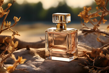 A bottle of perfume on a stone and dry flower branches around it. Horizontal marketing banner with perfume bottle and aromatic components