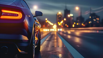 Fototapeta premium Close up of a car on the highway with a city background in the evening light 