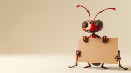 funny, smiled isolated bug / ant holding empty sign on the bright background; copy space for text; advertising banner, insecticides, garden items, ecological plant protection products