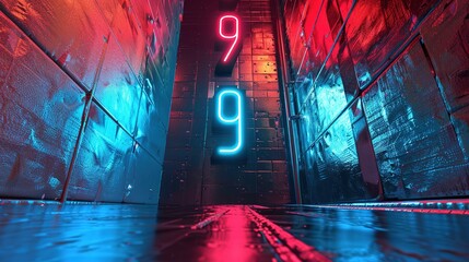 Naklejka premium Number 9 Poster: Metallic Texture, Red and Blue, Three-Dimensional 3D Effect with Occlusion Rendering, Indoor Lighting, High-Definition