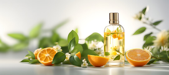 A bottle of perfume with orange halves and white flowers around it. Horizontal marketing banner with perfume bottle and aromatic components
