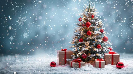 Elegant Christmas Tree with Red and Silver Gifts