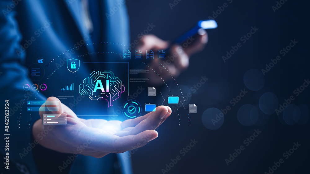 Aufkleber AI  Management Data and Cybersecurity, Business Professional Showcasing Digital Transformation, Technology and Innovation in a Futuristic Workspace