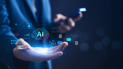 AI  Management Data and Cybersecurity, Business Professional Showcasing Digital Transformation, Technology and Innovation in a Futuristic Workspace