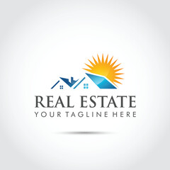 Real Estate Logo Template with Sunset. Vector Illustrator
