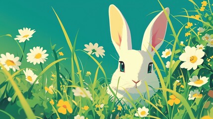 Fototapeta premium A bunny peeking out from lush green grass against a vibrant Easter backdrop