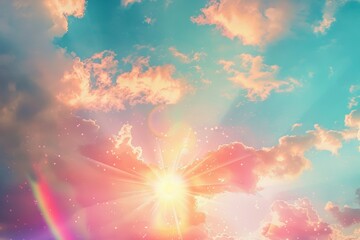 photoshop overlays with sun lens flare and rainbow effects, copy space, graphic design theme, ethereal, double exposure, sky backdrop