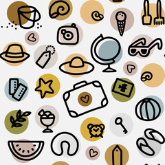 Messy black hand drawn travel vector seamless pattern with linear doodle elements on pastel colorful dots on white background 