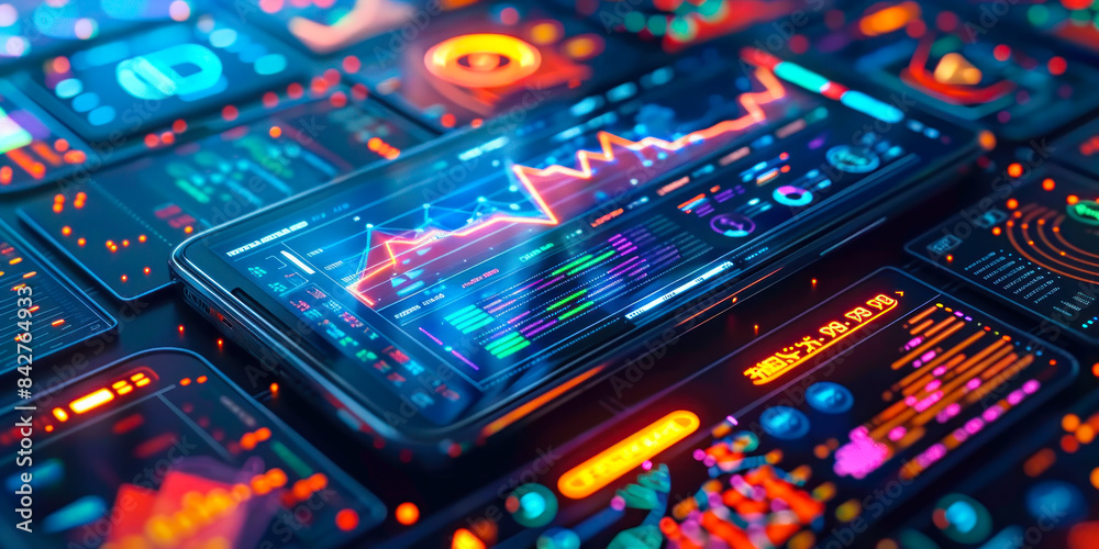 Poster futuristic smartphone displaying advanced data analytics and business intelligence graphs on a dynam