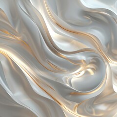 Obraz premium This AI generated image features flowing silk waves in luminous white and gold, creating a mesmerizing abstract design with smooth, intricate curves and delicate textures.