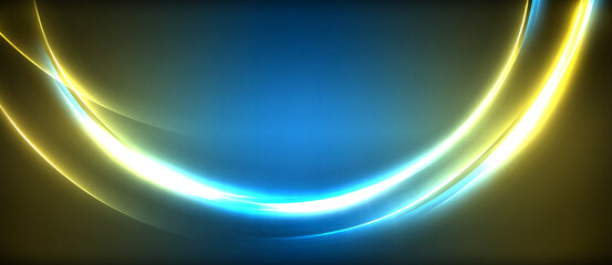 Neon glowing circle rays, light round lines in the dark, planet style neon wave lines. Energetic electric concept design for wallpaper, banner, background