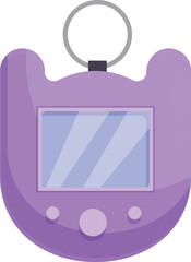 Purple tamagotchi toy keychain with a blank screen, offering interactive entertainment and nostalgic fun