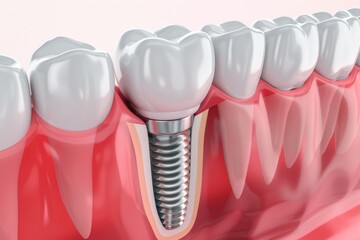 The concept of dental implants. A 3D rendering showing a dental implant placed between teeth
