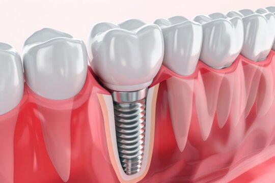 The concept of dental implants. A 3D rendering showing a dental implant placed between teeth