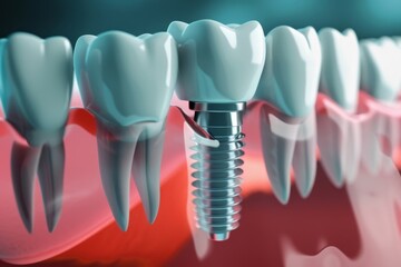 The concept of dental implants. A 3D rendering showing a dental implant placed between teeth