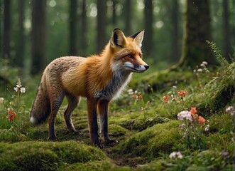 Fox in green forest. Cute Red Fox, at forest with flowers, moss stone. Wildlife scene from nature.